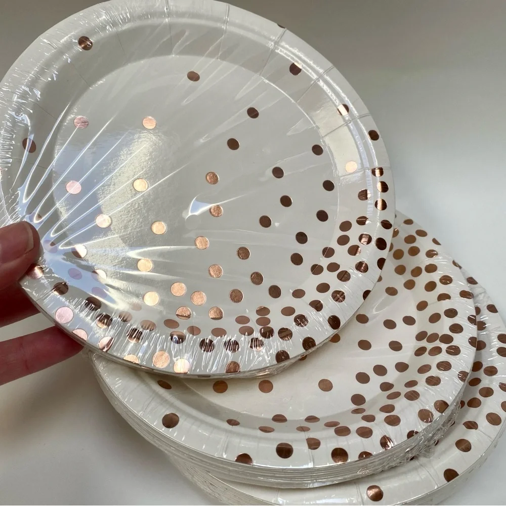 Rose Gold Polka Dot Paper Plates and Napkins & Hooray Cake Topper, 75  7” plates
